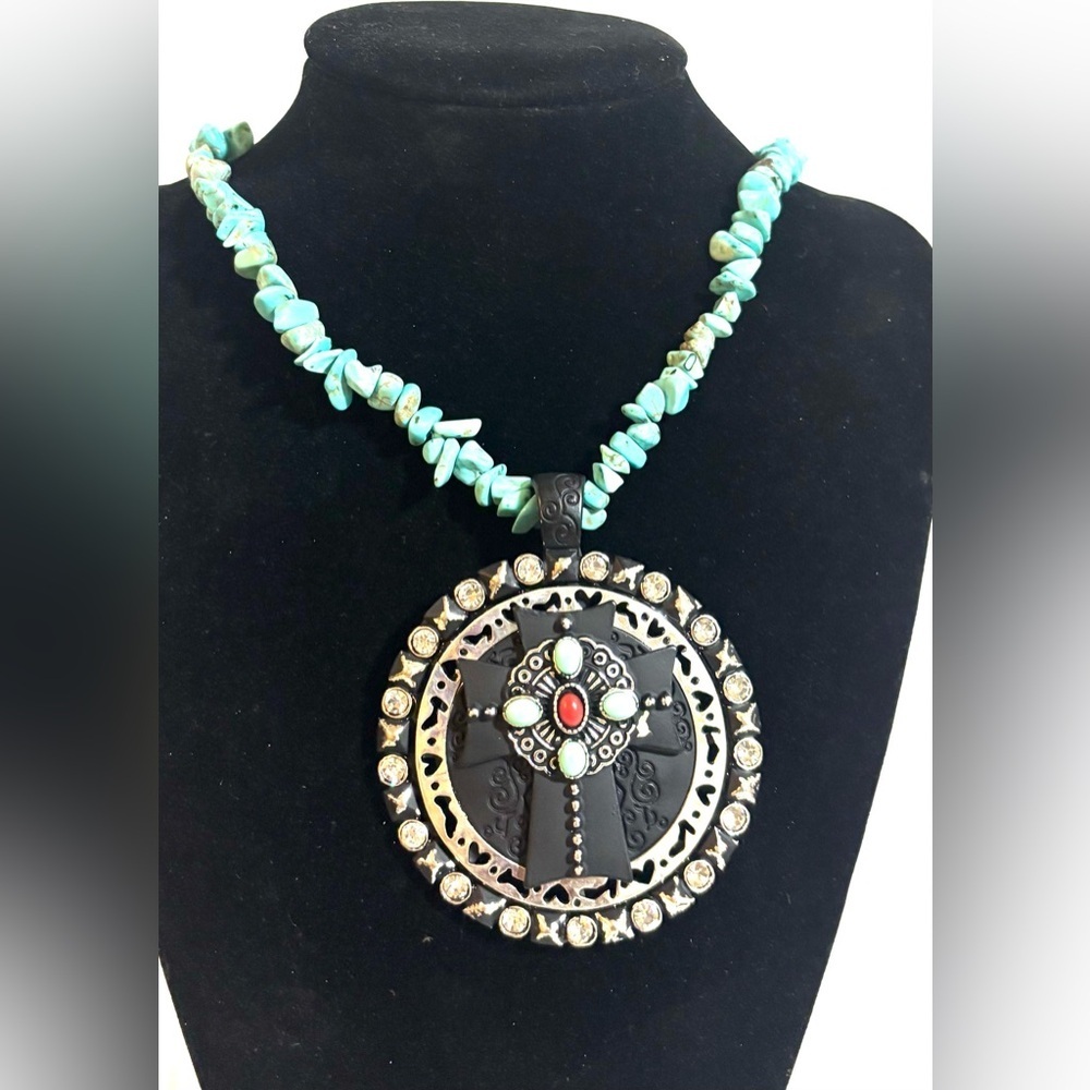 Turquoise Chip Necklace with Decorative Cross Pendant adjustable